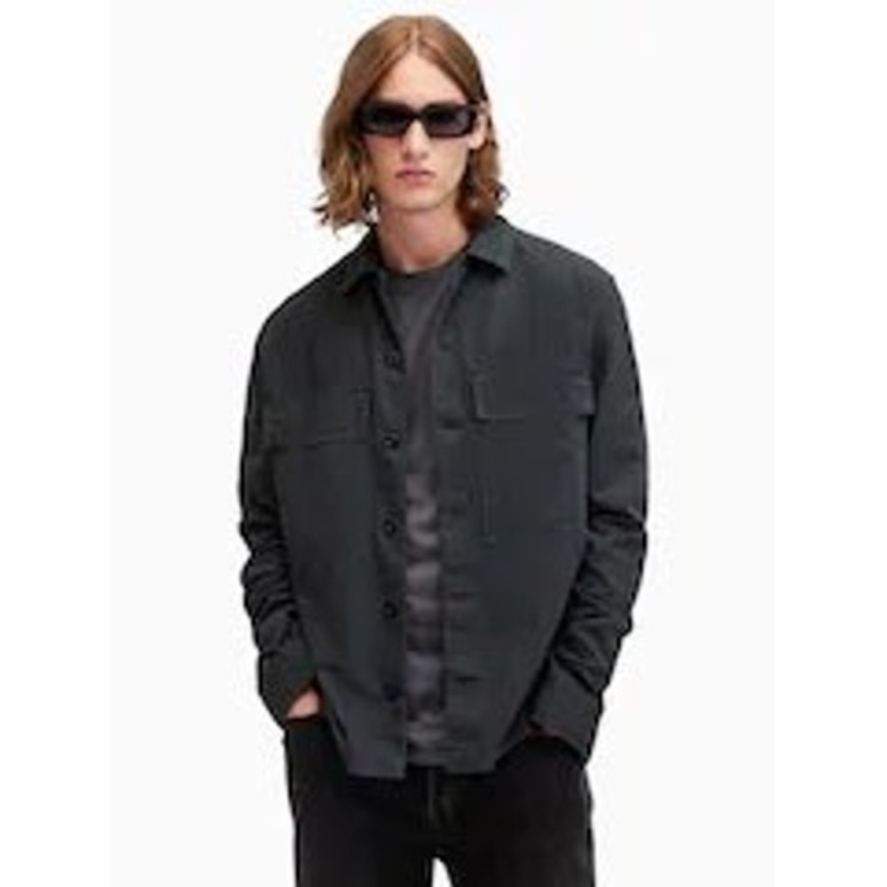 AllSaints Linen Button Down Mens Large Black Utility Shirt Old Money Workwear